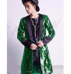 Mens youth Green Sequins jazz dance long coats for rapper singer gogo dancers dance costumes Middle length host Magician trench jackets stage outfit